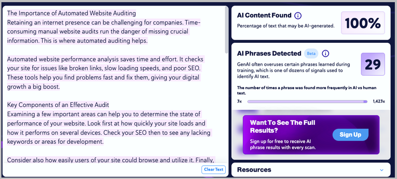 AI content detected in The HOTH article - copyleaks