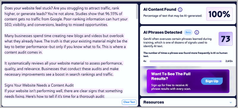 Copyleaks AI detector on Outreach Monks link article