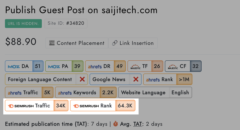 GuestPostLinks publisher metrics for a site