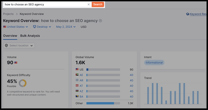 How to choose SEO agency - search volume in Semrush