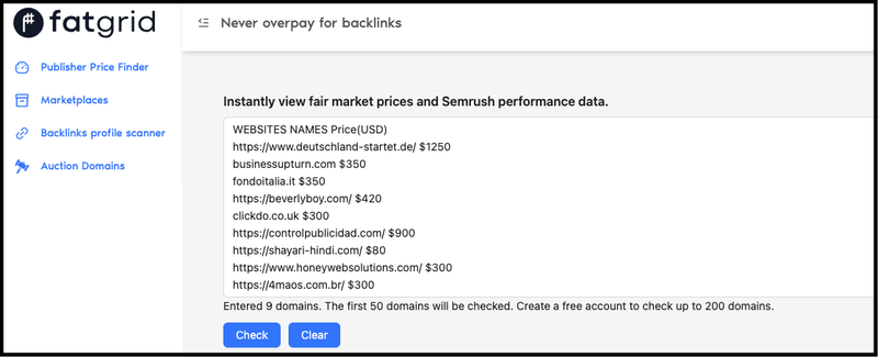 Paste sites and price on FatGrid tool
