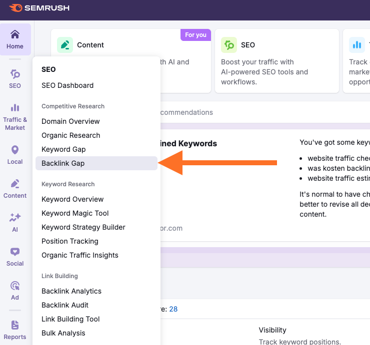 Semrush Backlink Gap tool