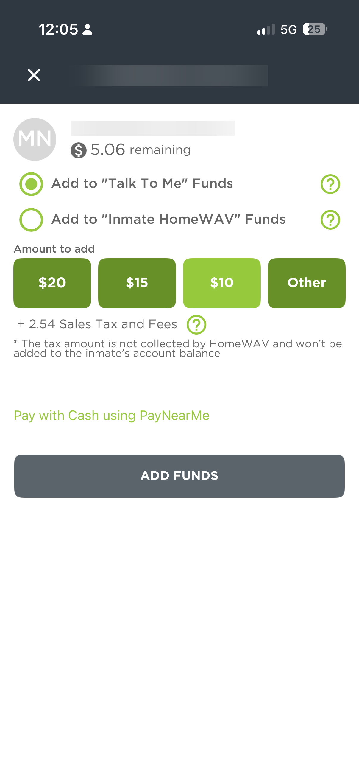 HomeWAV Add Funds screen showing $10 selected with $2.54 in Sales Tax and Fees
