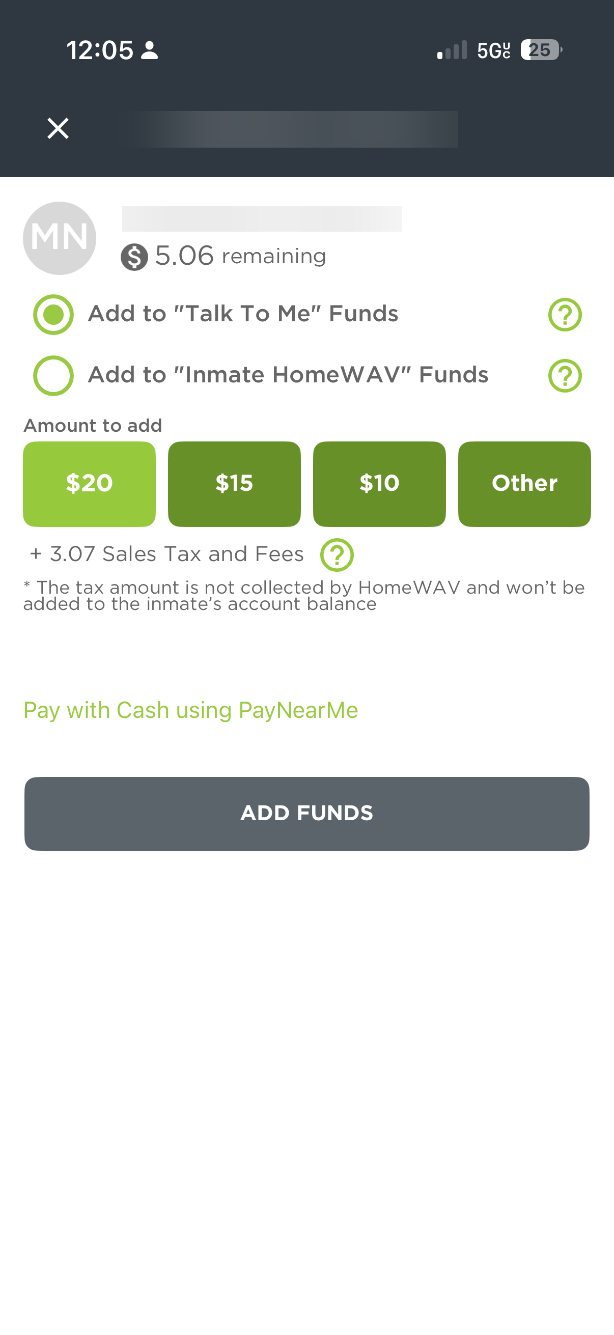 HomeWAV Add Funds screen showing $20 selected with $3.07 in Sales Tax and Fees