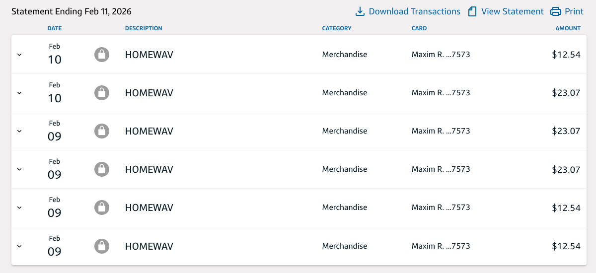 Bank statement showing repeated HomeWAV charges of $23.07 and $12.54