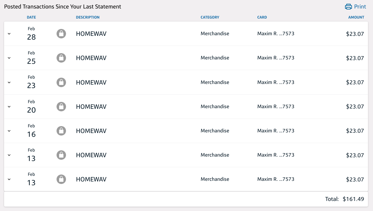 Bank statement continuation showing more HomeWAV charges totaling $161.49